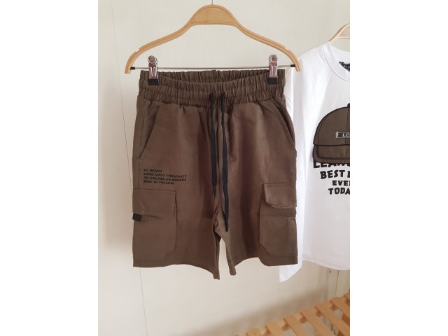 - 10-15 Yaş Erkek Çocuk Pamuk Keten Şort - Haki