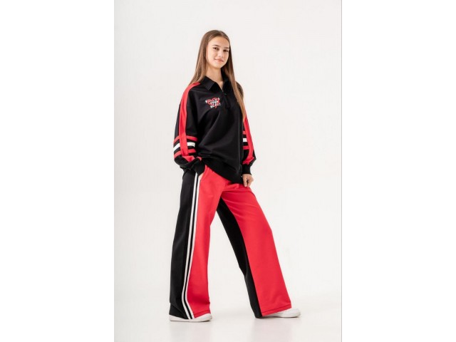 * 9-15 Yaş Kız Çocuk Renk Bloklu Pantolon - Kırmızı