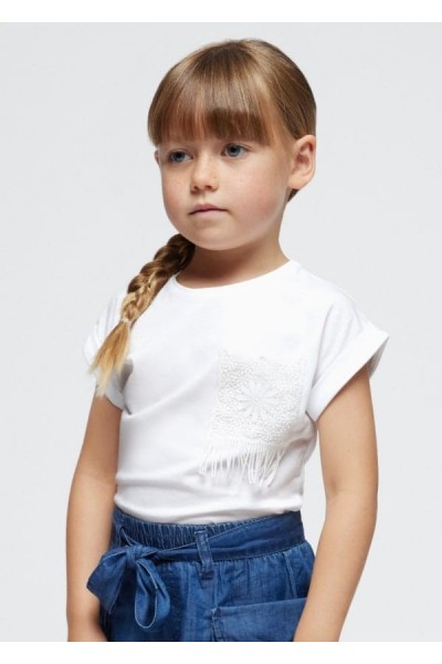 - 3-9 Yaş Kız Çocuk Mayoral Cep Detaylı Pamuklu Tshirt - Ekru 