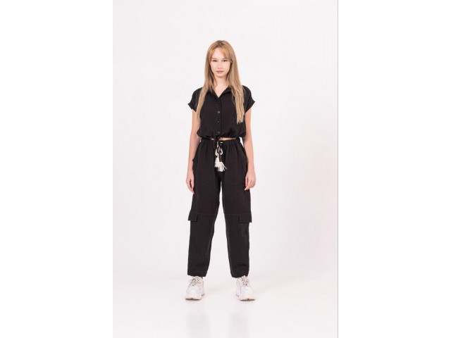 - 8-14 Yaş Kız Çocuk Bağlamalı Müslim Gömlek - Siyah