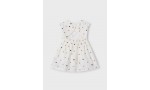 < 3-9 Yaş Kız Çocuk Puantiyeli Keten Elbise - Ekru