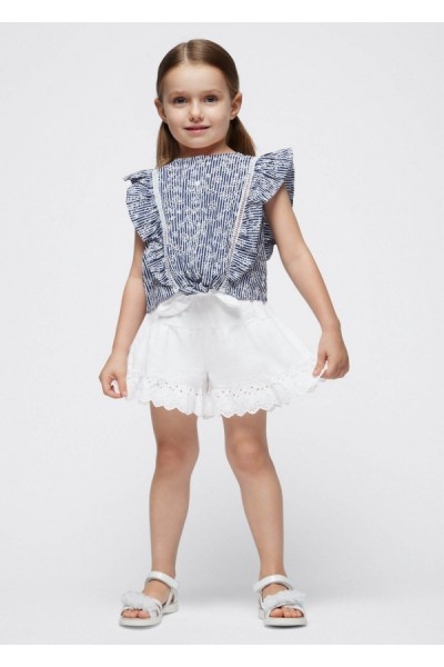 - 3-9 Yaş Kız Çocuk Mayoral Fisto Detaylı Keten Şort - Beyaz 