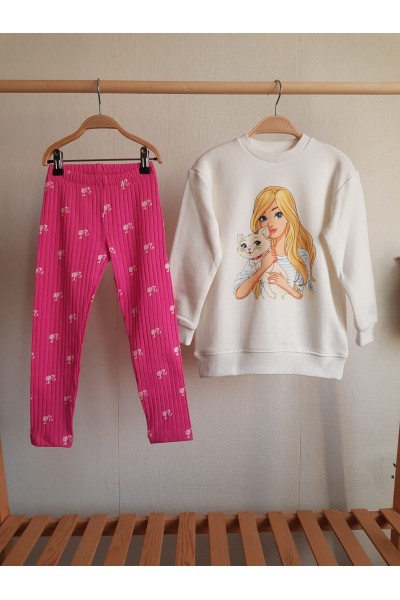 .3-8 Yaş Kız Çocuk Barbie Taytlı Takım - Fuşya