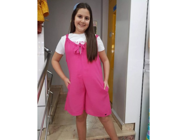 - 10-15 Yaş Kız Çocuk Keten Salopet ve Tshirt Takım
