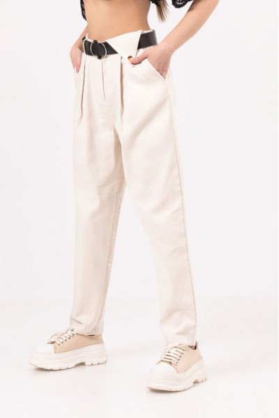 - 8-15 Yaş Kız Çocuk Kemerli Palazzo Pantolon - Ekru