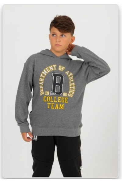 * 9-14 Yaş Erkek Çocuk Baskılı Kapüşonlu Sweatsirt - Gri