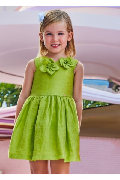 3-9 Yaş Kız Çocuk Mayoral Simli Tafta Elbise - Fıstık Yeşil