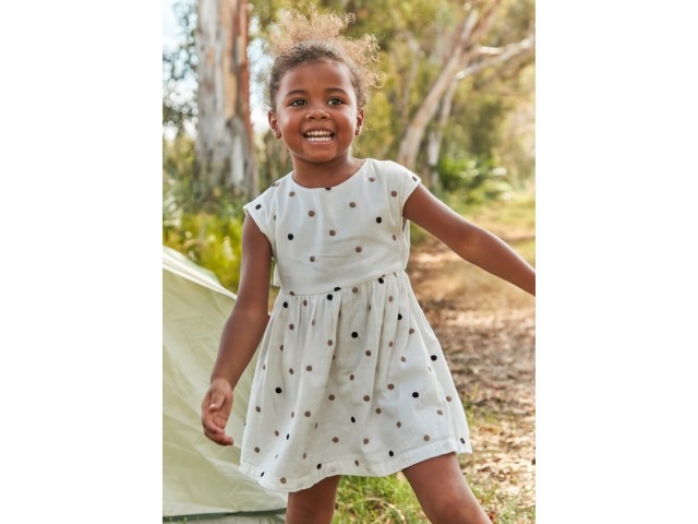 < 3-9 Yaş Kız Çocuk Puantiyeli Keten Elbise - Ekru