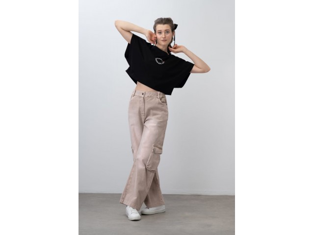 * 9-15 Yaş Kız Çocuk Kargo Cepli Batik Gabardin Pantolon