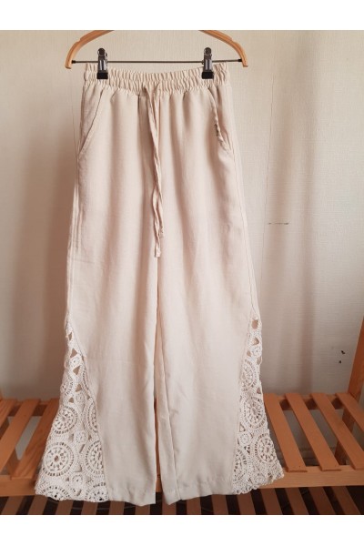 - 8-14 Yaş Kız Çocuk Güpür İşlemeli Beli Lastikli Keten Pantolon - Ekru